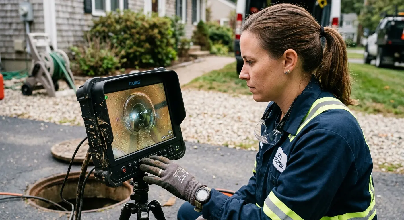 Technician reviewing sewer camera inspection footage in Catasauqua
