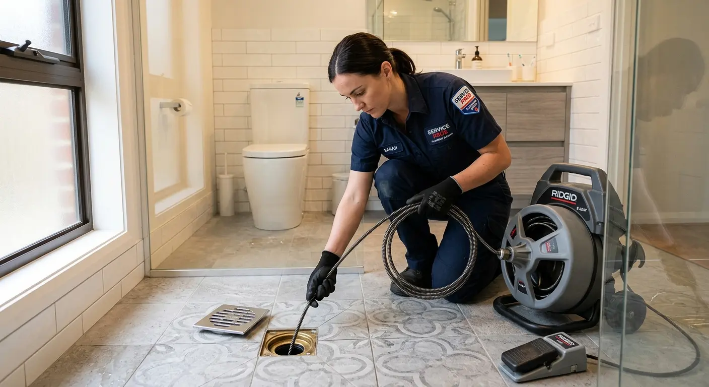 Technician clearing a bathroom floor drain for Hydro Jetting in Catasauqua